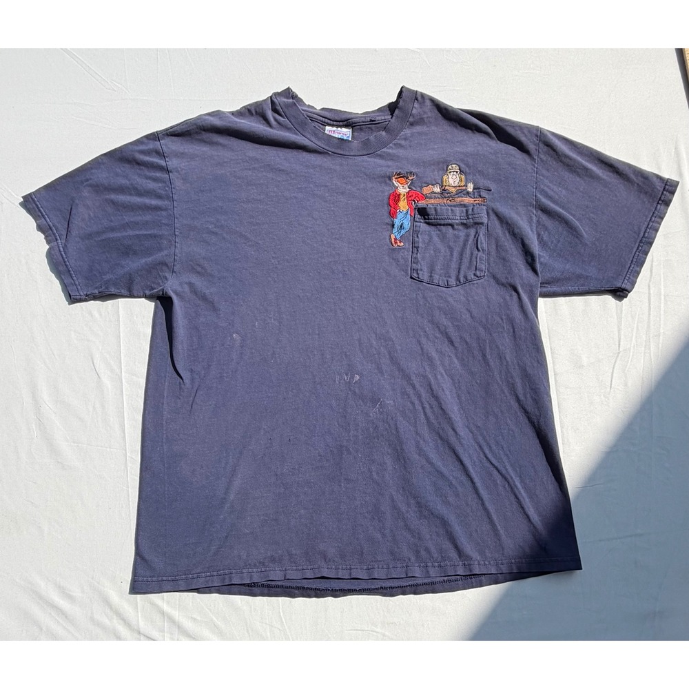 Vintage Hanes Beefy-T Navy Blue Pocket T-Shirt Embroidered Hunter Deer XL